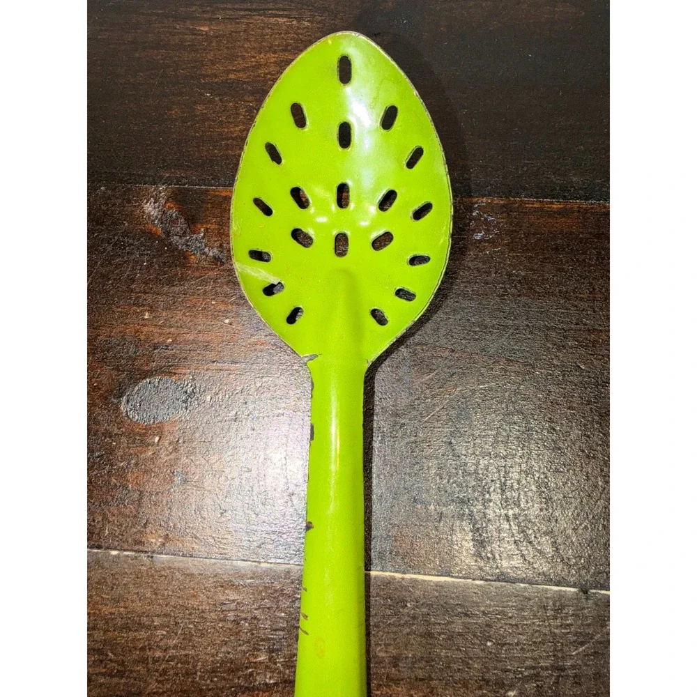 Vintage Lime Green Enamelware Slotted Spoon Retro Kitchen Serving Utensil 11.5